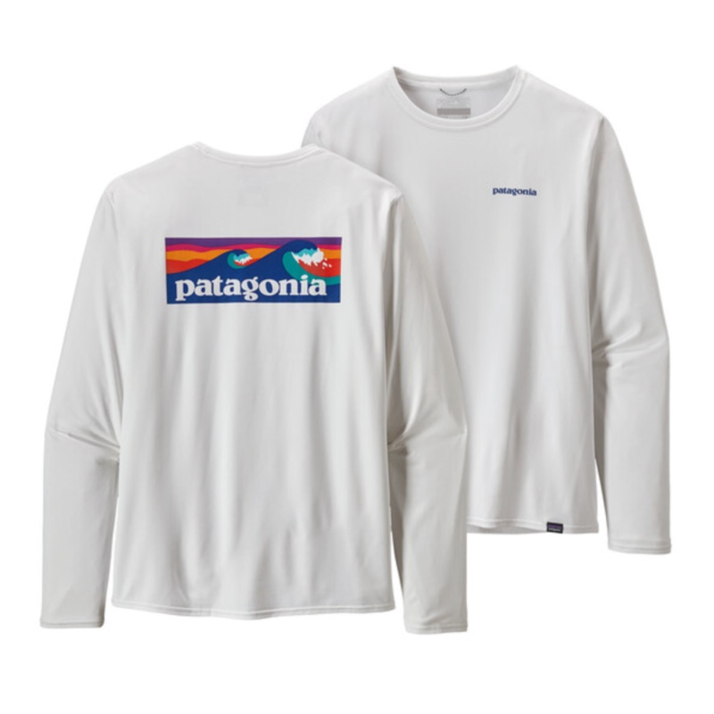 Patagonia Men’s Long-Sleeved Capilene Cool Daily Graphic Shirt – Boardshort Logo: White Small