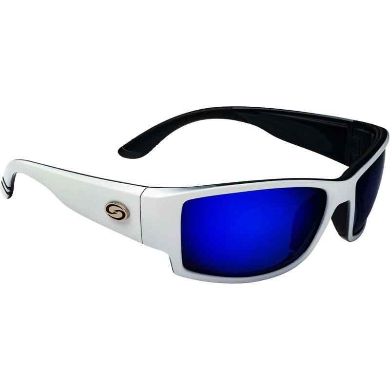 Strike King Plus Ouachita Polarized Sunglasses Shiny White-Black 2 Tone Frame/Multi Layer Blue Mirror/Grey Lens