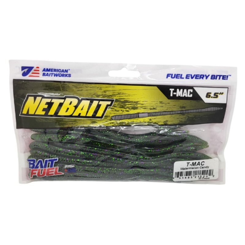 NetBait T-Mac Worm, 6 1/2″, w/ BaitFuel, 20 Pack Watermelon Candy