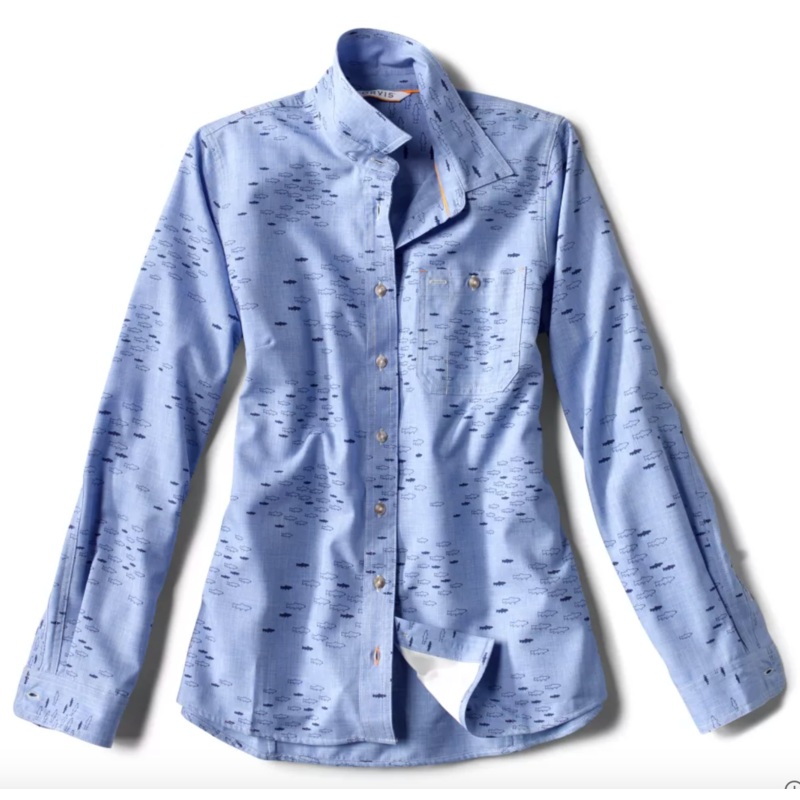 Orvis Women’s Tech Chambray Work Shirt Medium Blue Fish Print Small