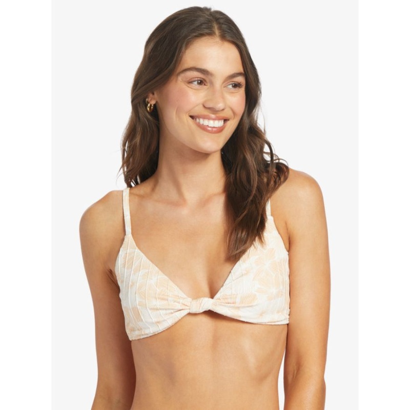 ROXY RIB LOVE THE SURF KNOT BIKINI TOP TAPIOCA CRAZY  HIBISCUS XS