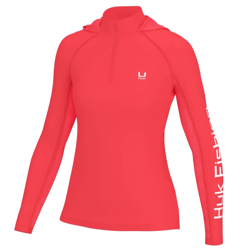 HUK ICON LS HOODIE WOMENS Neon Coral Small