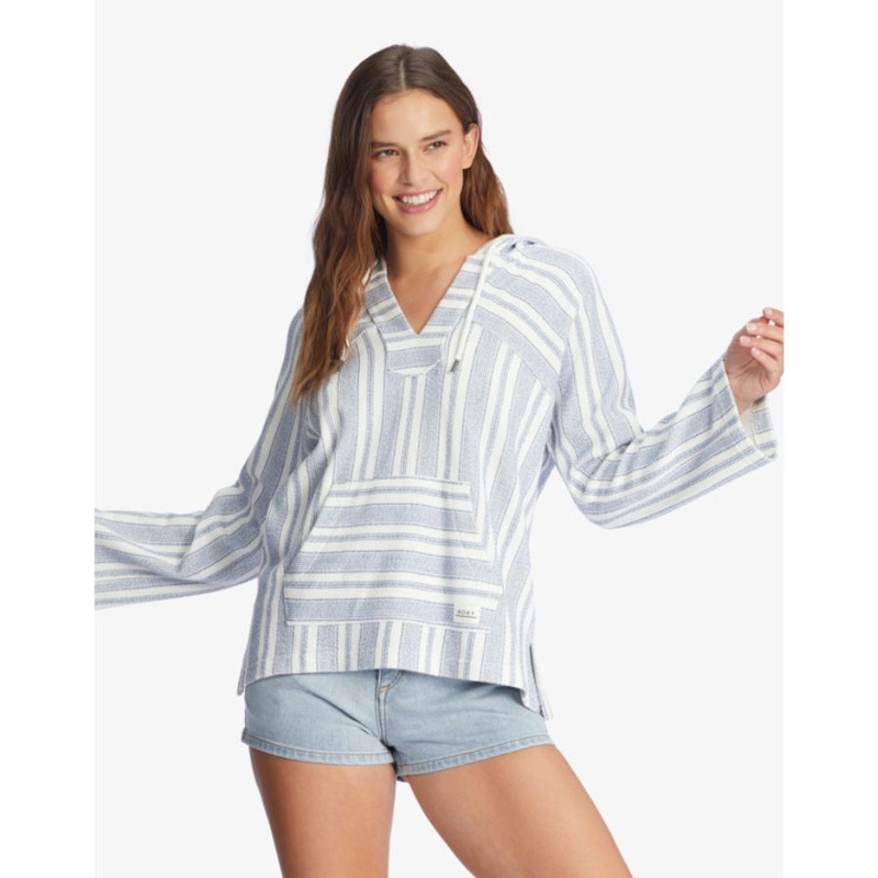 ROXY WILD AND FREE STRIPED PONCHO HOODIE BIJOU BLUE BAHA STRIPE S