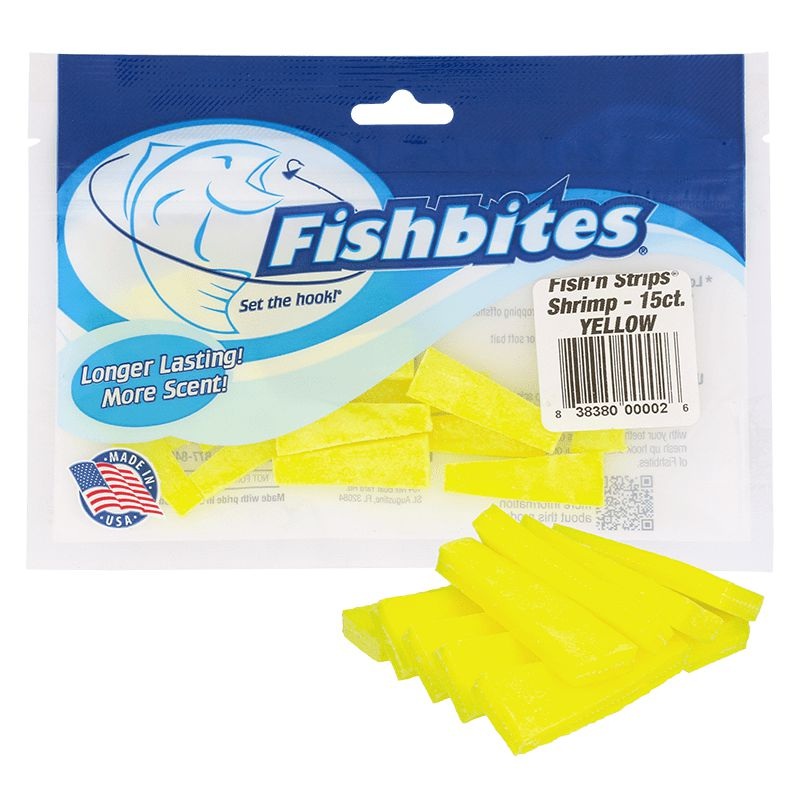 Fishbites Longer Lasting Fish’n Strips Shrimp Scented Soft Baits Yellow