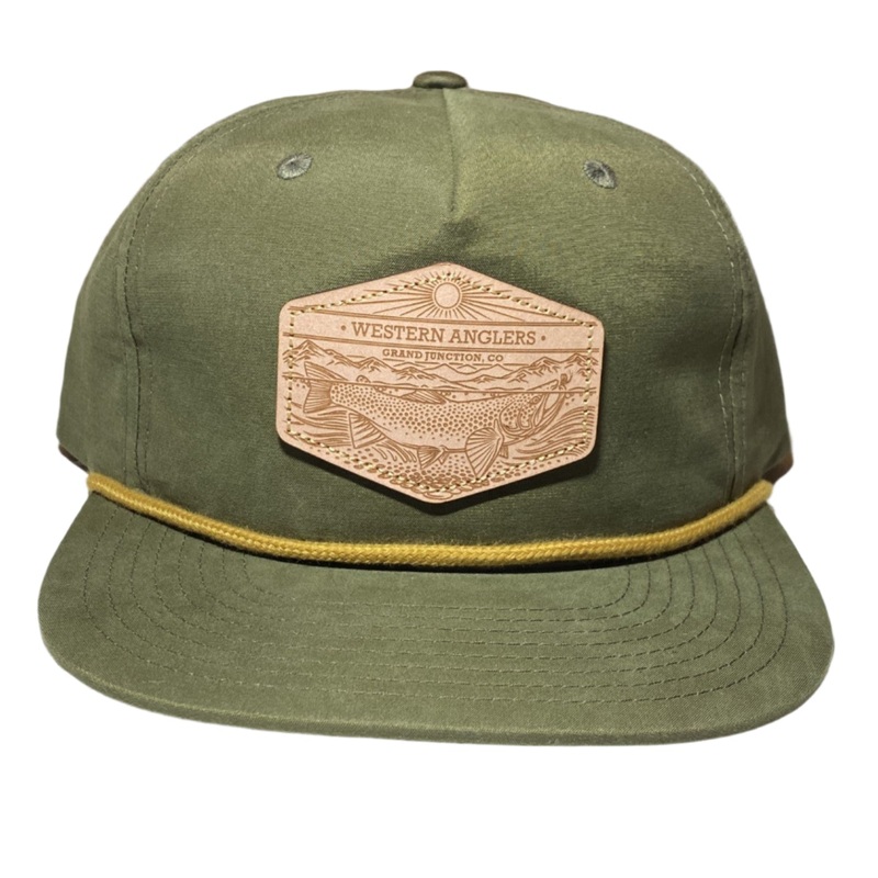 Western Anglers – Richardson Flat Brim Hat – Leather Patch – Loden Green Loden w/ Gold Rope Genuine Leather – Casey Underwood – Ringe Riser OSFM