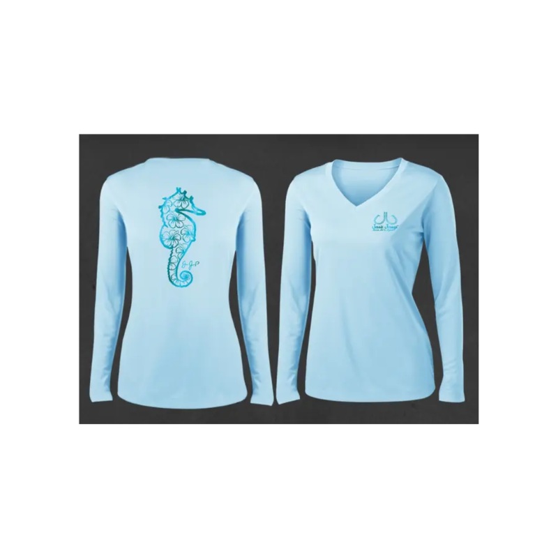 JESSIE JESSUP PERFORMANCE L/S METALLIC HIBISCUS SEAHORSE ICE BLUE L
