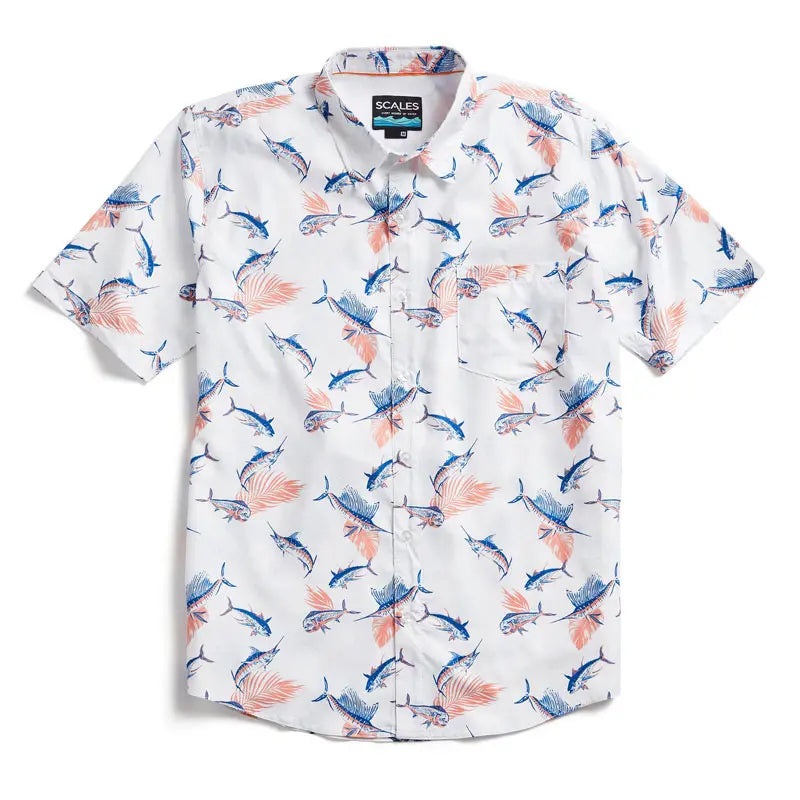 SCALES SS TECH BUTTON DOWN TROPICAL SLAM WHITE S