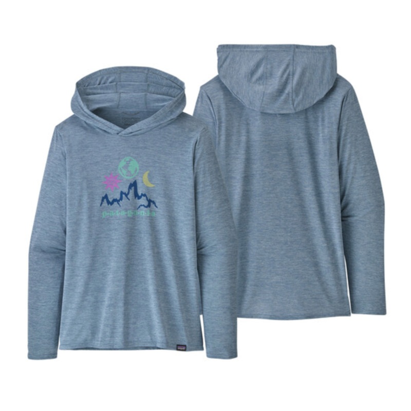 Patagonia Women’s Capilene Cool Daily Graphic Hoody – Mystic Mountain: Steam Blue X-Dye Small